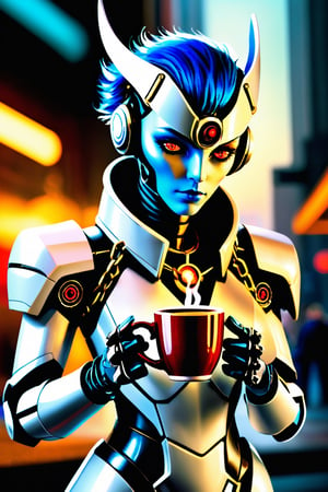 Please generate, alien human-like humanoid, holding a steaming cup of aromatic coffee in one hand, written by the humanoid Fedya himself, artwork of a futuristic artificial intelligence superstar with frames made of detailed chains. concept art by Marvel Studios. artstation headquarters. creative character blue/glass gold design for cyberpunk, red fire eyes, intricate, elegant, 8k, highly detailed, digital painting, concept art, smooth, sharp focus, concept art League of Legends, 80sFashionRobot