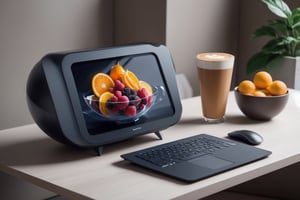 a super modern and futuristic computer from the future placed on a desk with a cup of warm coffee and fresh fruit on it,Leonardo Style