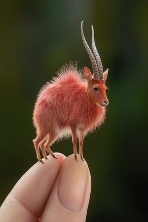 Vespid antelope hybrid creature on a finger, it is red and incredibly fuzzy, macrophotography