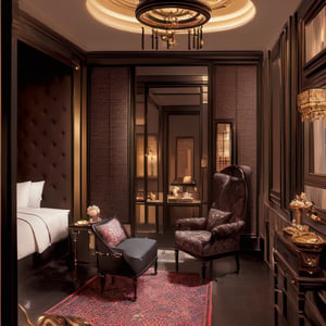 (best quality, masterpiece, high_resolution:1.5), a bedroom in 5star-hotel  with wonderful and luxury interior designing by Bill Bensley, black and gold.,Wonder of Art and Beauty,FFIXBG