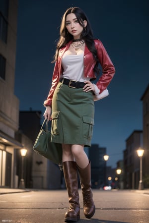 1girl, solo, (long hair, black hair, green eyes:1.3), (next level 🎅streetwear, 🎅 cargo skirt, 🎅belts, 🎅 boots, 🎅necklace), glitter, black, realistic style, 8k, exposure blend, (tomboy, big breast, slim, 🎅:1.1), (🎅 pose), (full body), (fantasy clothes:1.2), (wind:1.3), dark of night, (aesthetic background),(masterpiece:1.2), (best quality, highest quality), (ultra detailed), (8k, 4k, intricate),(full-body-shot), (50mm), (highly detailed:1.2),(detailed face:1.2), detailed_eyes,(gradients),(ambient light:1.3) center subject, (cinematic composition:1.3),(HDR:1),Accent Lighting,extremely detailed,original, highres,(perfect_anatomy:1.2), (ray tracing),dark studio, night ,fantasy_world  