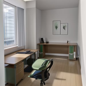 create raw photo of a director office room, modern style, green color is main tone, minimalist, secretary’s desk, dirẻctor’s desk, full equipments