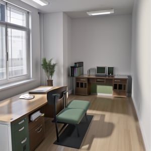 create raw photo of a director office room, modern style, green color is main tone, minimalist, secretary’s desk, dirẻctor’s desk, full equipments