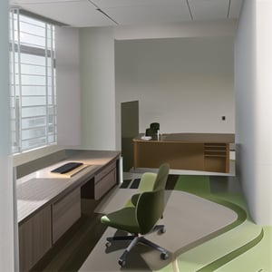 create raw photo of a director office room, modern style, green color is main tone, minimalist, secretary’s desk, dirẻctor’s desk, full equipments