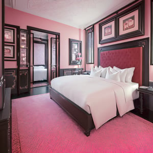 (best quality, masterpiece, high_resolution:1.5), a bedroom in 5star-hotel  with wonderful and luxury interior designing by Bill Bensley, pink.,Wonder of Art and Beauty,FFIXBG