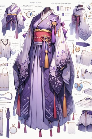 a drawing of a woman's purple kimono concept and accessories, detailed 