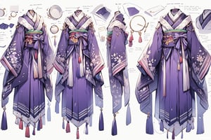 a drawing of a woman's purple kimono concept and accessories, detailed 