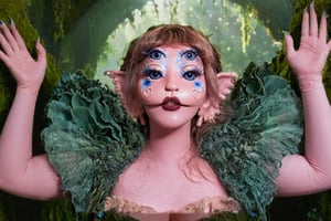 a woman, a woman, ,Four eyed woman, forest, portal, enchanting forest, (((submerged in nature fabrics))) , looking around, upper fake body, skin pattern, detailed, hands in view, movie action, movie screenshot, very realistic, woman with four eyes, high quality, best resolution 