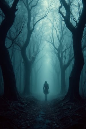 A dark forest shrouded in an eerie mist, where shadowy figures lurk among twisted trees