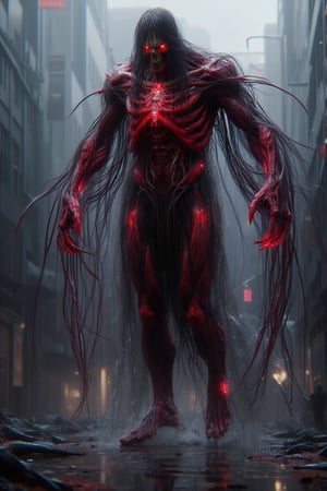 A towering monstrosity with razor-sharp claws, elongated limbs, and glowing red eyes that pierce through the darkness