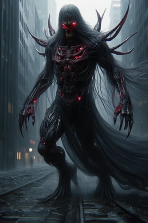 A towering monstrosity with razor-sharp claws, elongated limbs, and glowing red eyes that pierce through the darkness