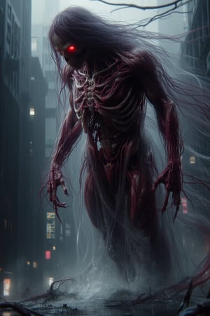 A towering monstrosity with razor-sharp claws, elongated limbs, and glowing red eyes that pierce through the darkness