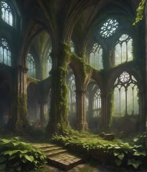 ualize the ruins of a Gothic cathedral in a misty forest. The remaining arches and stained glass windows stand as a testament to its former glory, with ivy and moss reclaiming the stone work.*