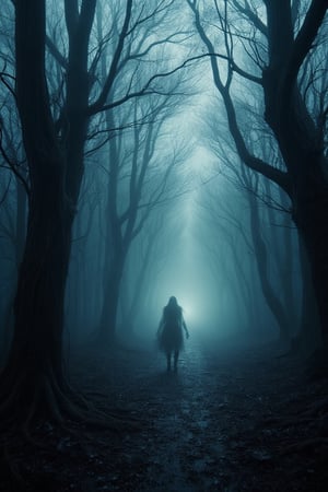 A dark forest shrouded in an eerie mist, where shadowy figures lurk among twisted trees