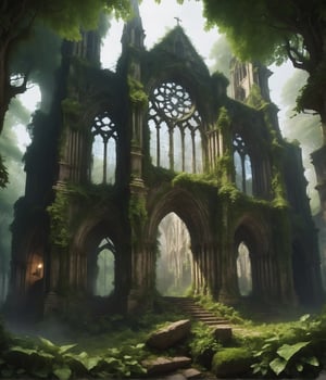 ualize the ruins of a Gothic cathedral in a misty forest. The remaining arches and stained glass windows stand as a testament to its former glory, with ivy and moss reclaiming the stone work.*