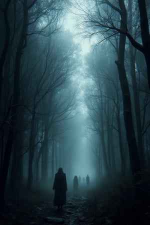 A dark forest shrouded in an eerie mist, where shadowy figures lurk among twisted trees