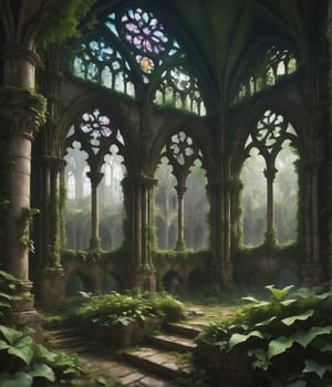 ualize the ruins of a Gothic cathedral in a misty forest. The remaining arches and stained glass windows stand as a testament to its former glory, with ivy and moss reclaiming the stone work.*