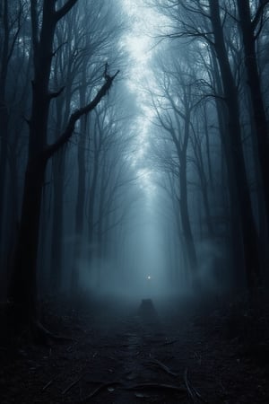 A dark forest shrouded in an eerie mist, where shadowy figures lurk among twisted trees