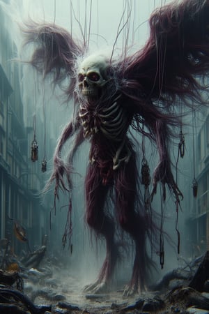 Create an image of a colossal, nightmarish creature named the Dreadful Chimera. Its body should be a horrifying blend of shifting shadows, decaying spectral flesh, rocky scales, and chitinous armor. It should emit an ethereal, toxic ooze and a sickly glow, with its form constantly changing from a smoky, amorphous state to a horrifying, solid shape. Its head should bear a multitude of eyes, ranging from empty, chilling sockets, gem-like eyes, to stark, glowing white orbs. There should be multiple wide, gaping maws filled with rows of razor-sharp, stalactite-like teeth or serrated mandibles that drip venom. The creature should have various unnaturally bent, skeletal limbs ending in ragged, clawed fingers or razor-sharp barbs. These limbs should hold aloft rusty, sinewy strings controlling smaller, marionette-like versions of itself. The creature carries a large, rusted cage on its back filled with spectral chains and a cold mist, from which echo despairing sobs and pleas. The creature’s movements should be accompanied by an ominous humming and soft, disturbing laughter, and its presence should invoke a sense of bone-deep dread and a gut-wrenching chill. 