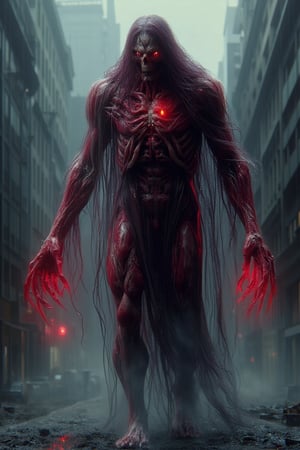 A towering monstrosity with razor-sharp claws, elongated limbs, and glowing red eyes that pierce through the darkness