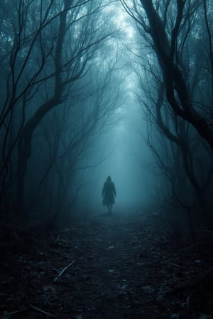 A dark forest shrouded in an eerie mist, where shadowy figures lurk among twisted trees