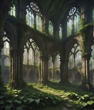 ualize the ruins of a Gothic cathedral in a misty forest. The remaining arches and stained glass windows stand as a testament to its former glory, with ivy and moss reclaiming the stone work.*