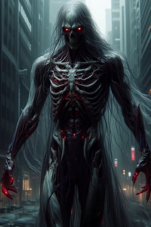 A towering monstrosity with razor-sharp claws, elongated limbs, and glowing red eyes that pierce through the darkness