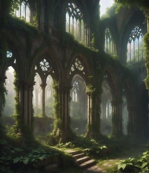 ualize the ruins of a Gothic cathedral in a misty forest. The remaining arches and stained glass windows stand as a testament to its former glory, with ivy and moss reclaiming the stone work.*