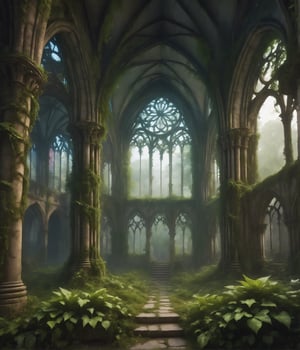 ualize the ruins of a Gothic cathedral in a misty forest. The remaining arches and stained glass windows stand as a testament to its former glory, with ivy and moss reclaiming the stone work.*