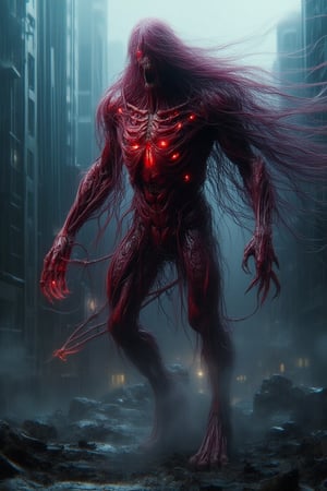 A towering monstrosity with razor-sharp claws, elongated limbs, and glowing red eyes that pierce through the darkness