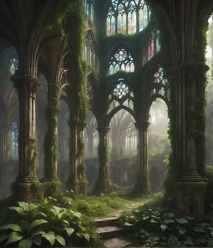 ualize the ruins of a Gothic cathedral in a misty forest. The remaining arches and stained glass windows stand as a testament to its former glory, with ivy and moss reclaiming the stone work.*