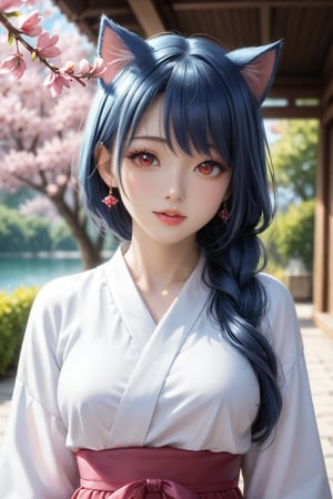 A beautifully rendered anime-style girl with cat ears, set against a backdrop of blooming cherry blossoms, incorporating fairy kei and lovecore aesthetics. She has pastel pink and blue hair, large expressive eyes, and a gentle, thoughtful expression. The scene is vibrant and serene, capturing the delicate beauty of spring with elements of magical whimsy. The overall mood is peaceful and enchanting, with a touch of whimsy and romance. Digital painting with hyperrealistic details, focusing on the soft textures of her hair, the intricate cherry blossoms, and the subtle play of light and shadow on her face. Style includes pastel colors, heart motifs, and a dreamy, romantic atmosphere.