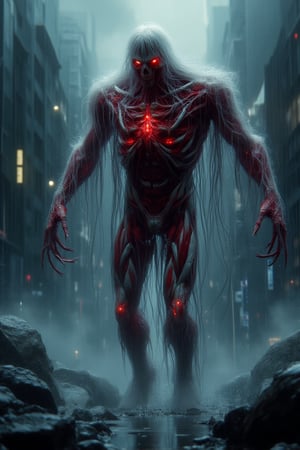 A towering monstrosity with razor-sharp claws, elongated limbs, and glowing red eyes that pierce through the darkness