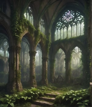 ualize the ruins of a Gothic cathedral in a misty forest. The remaining arches and stained glass windows stand as a testament to its former glory, with ivy and moss reclaiming the stone work.*