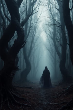 A dark forest shrouded in an eerie mist, where shadowy figures lurk among twisted trees