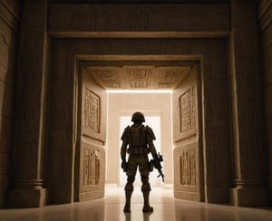 As the soldier reaches the end of the corridor, he stands before a massive doorway, symbolizing the intersection of ancient history and the unknown future. The faint glow of the temple's lights and the soldier's futuristic equipment create an otherworldly ambiance, leaving a lingering sense of mystery in the air.