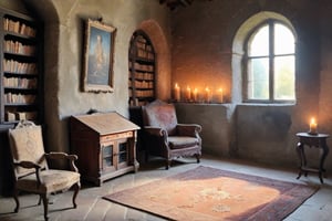 In a castle room from the 17th century, old furniture is on an old carpet, A sofa from the 17th century, an armchair, a small cabinet, a bookshelf and old oil paintings hanging on the wall.candles are burning, there is a slight darkness, but the sunlight is filtering through the glass, it is a very beautiful room.