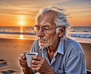 Let's imagine a peaceful scene where an old man sitting on the beach watches the sunset while drinking his coffee. His hair is white and his face full of wrinkles is drawn with the memories that the years have brought to him. His gaze, deep in thought, is focused on the endless horizons of the coast. His glasses soften the reflections of the sunset.