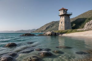 I look towards the beach from the sea, a house on the beach, a rock right next to it, a guard tower on the hills behind, water, clear rocks, everything at the bottom of the water is visible, a magnificent view.