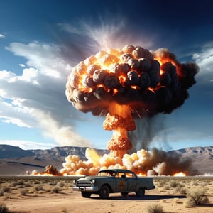 A huge atomic bomb is detonated in the Nevada desert, dramatic, very detailed, cinematic, detailed.