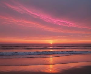 As the sun slowly sinks behind the horizon, the sky with its orange and pink tones looks like it stepped off a painter's canvas. The sea is calm and peaceful, shining with the lights hitting the waves. Each wave gently kisses the sands of the beach.