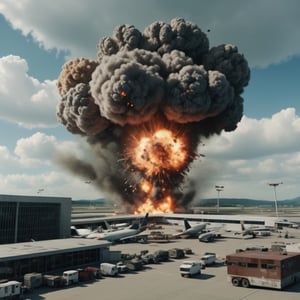 A huge detonated in a airport, dramatic, very detailed, cinematic, detailed.