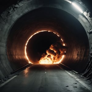 A huge detonated in the tunnel, dramatic, very detailed, cinematic, detailed.