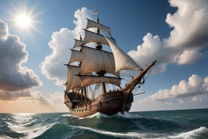 A merchant ship from the 16th century is sailing at sea, the sea is beautiful, the weather is very beautiful, the clouds and the sun are filtering into the sea, it is a beautiful view through the sails.