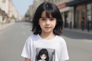 A very beautiful small child with black hair and a t-shirt,jaeggernawt,in the middle of the street.