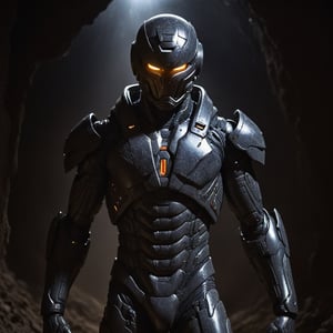 In the dimly lit trench, a young warrior emerges, clad in an advanced suit forged from carbon fibers, a marvel of modern technology. The suit, sculpted to fit with the precision of a second skin, glistens under the harsh glow of distant explosions.