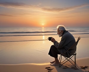 The old man, slowly sipping his coffee, dives into the memories of the past in the peace of the sunset. This quiet moment on the beach is a timeless coffee break where the old man finds inner serenity. This landscape emphasizes the unique beauties of nature and life, striking a balance between sadness and beauty.