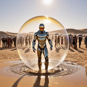 You are faced with an event that suddenly appears on the hot sands in the middle of the desert. Giant water bubbles, mysteriously formed, were slowly falling from the sky. Each bubble sparkled in a thin layer of water and reflected the golden sunlight, creating a riot of colors. A young warrior dressed in an advanced suit made of carbon fiber, a marvel of modern technology, emerges.