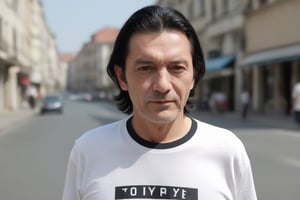 A very beautiful old man with black hair and a t-shirt,jaeggernawt,in the middle of the street.