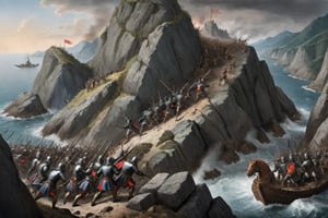 A 16th-century battle scene shows the enemy Army pushing the enemy from the mountaintop down the rocks into the sea